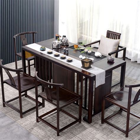 新中式花梨木茶桌家用实木茶桌椅组合一桌五椅办公室禅意功夫茶台_虎窝淘