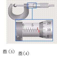 .图(4)中给出了在测量金属丝的直径时.千分尺的读数.由图可知金属丝的直径是 mm,图(5)是用游标卡尺测量玻璃丝时调节的距离.则两脚之间的缝 ...