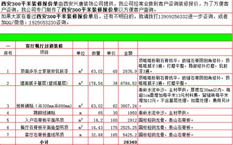 2019年西安300平米装修预算表/价格明细表/报价费用清单
