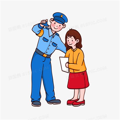 卡通手绘小女孩向警察叔叔问路免抠元素图片免费下载_PNG素材_编号1yqilx6yg_图精灵