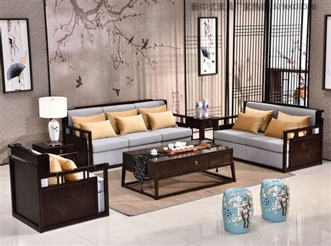 新中式乌金木沙发组合现代禅意客厅酒店别墅实木真皮沙发家具-阿里巴巴