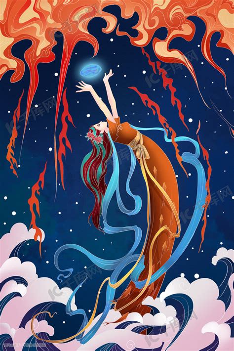 上古神话 故事插图 女娲 补天 作者：蓝雯轩 - 堆糖，美图壁纸兴趣社区
