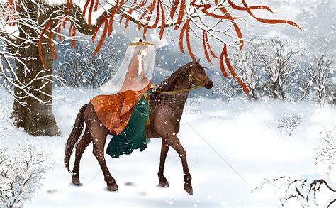 唯美古风写意雪地骑马的古代女子插画插画图片下载-正版图片402024674-摄图网