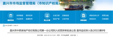 嘉兴市中昇房地产经纪有限公司第一分公司被列入经营异常名录-中国质量新闻网