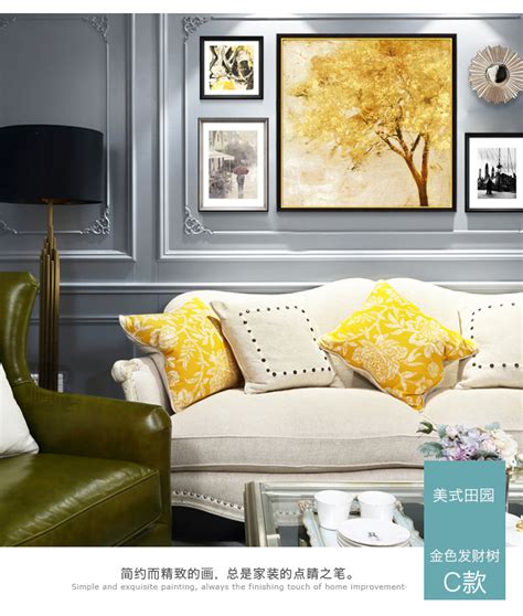 客厅装饰画沙发背景墙三联组合挂画大气轻奢高端定制样板房晶瓷画-美间设计