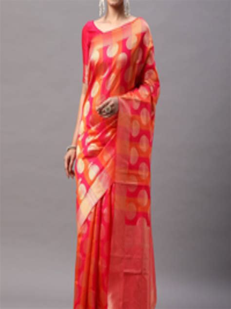 Buy Mitera Pink & Orange Coloured Ethnic Motifs Woven Design Zari ...