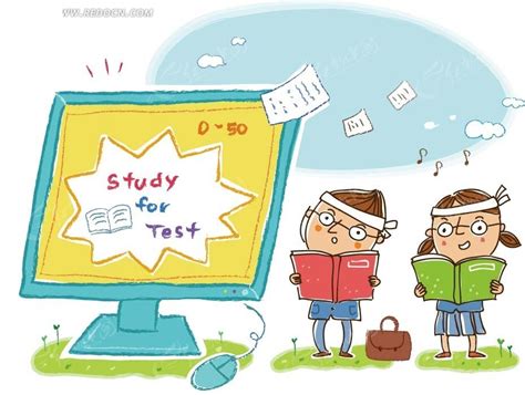 儿童卡通插画——努力学习的男女学生和学习大电脑EPS素材免费下载_红动网
