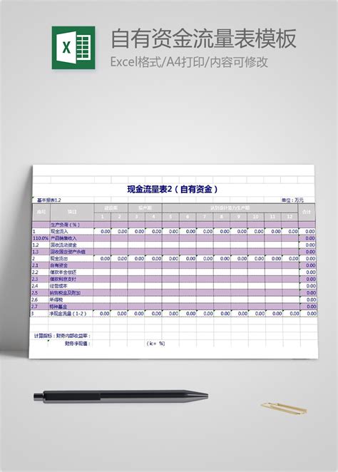 紫色自有资金流量表Excel模板-现金流量表模板素材下载-「W大师」