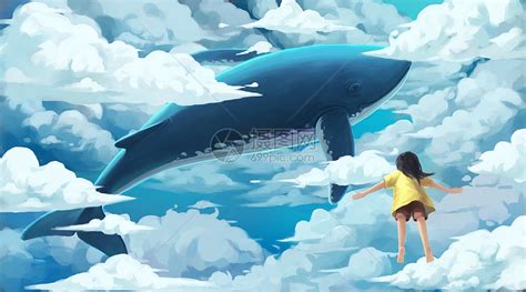云中遨游的鲸鱼与女孩插画图片下载-正版图片400091208-摄图网