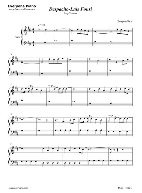Despacito简单版-Luis Fonsi五线谱预览1-钢琴谱文件（五线谱、双手简谱、数字谱、Midi、PDF）免费下载