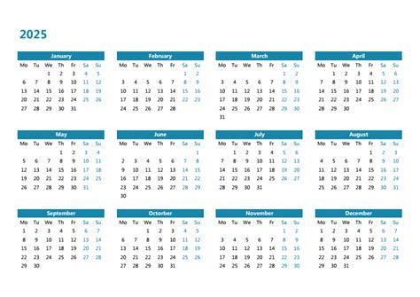 2025年日历全年表 模板E型 免费下载 - 日历精灵