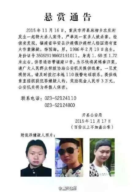 重庆发生特大杀人案一家多人被杀 警方悬赏缉凶_新闻频道_中国青年网