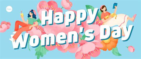 蓝粉色女神节桃花花簇惬意女孩女人手绘妇女节节日宣传英文微信公众号封面 - 模板 - Canva可画