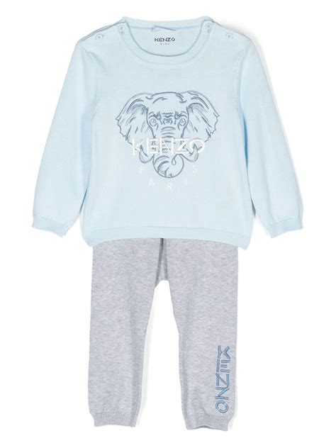 Kenzo Kids Blue And Grey Elephant Logo Cotton Tracksuit Set | Browns
