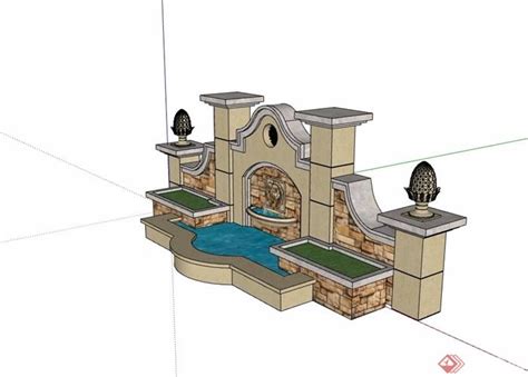 欧式经典的喷泉水池su模型
