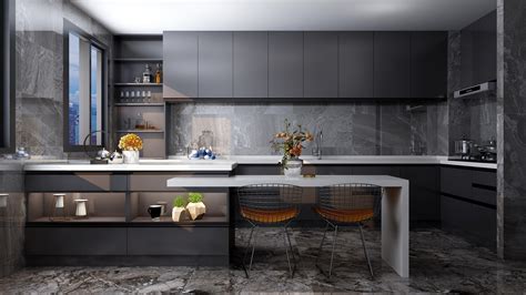 西安路80㎡北欧风格两居室厨房效果图厨房时一个长长的L型，搭配的灰蓝色橱柜和纯白色墙砖特别搭-家居美图_装一网装修效果图