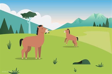 卡通风格的草地上的马儿吃草的插图插画素材 - 25学堂