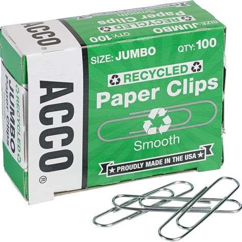 ACCO Recycled Paper Clips No 4 1-13/23" Size Jumbo 10PK.BX SR 72525PK ...