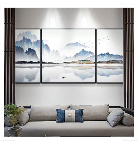 新中式简约山水画手绘油画客厅沙发背景墙装饰画 金属框大气挂画-美间设计
