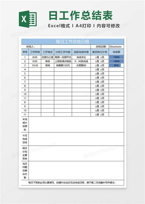 淡蓝简约每日工作总结日报Excel模板下载_熊猫办公