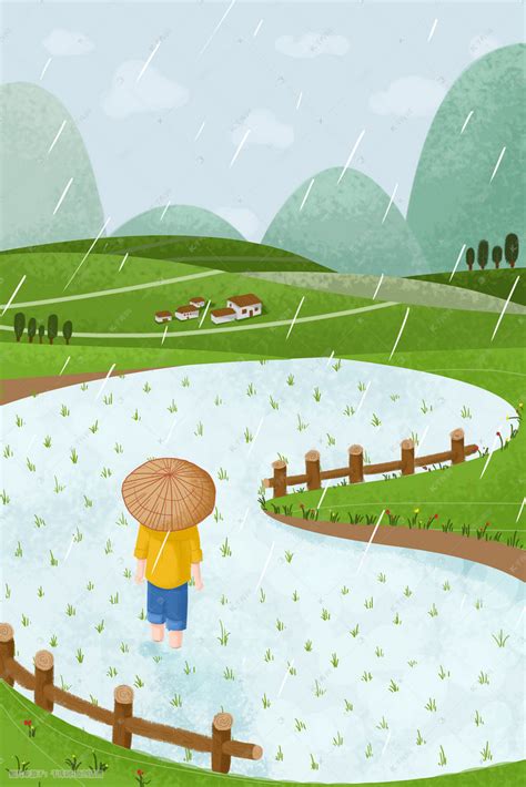 春天下雨唯美卡通雨水小孩子踩水坑插画图片-千库网