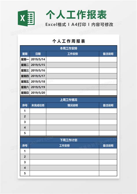 商务个人工作周报表Excel模板下载_熊猫办公