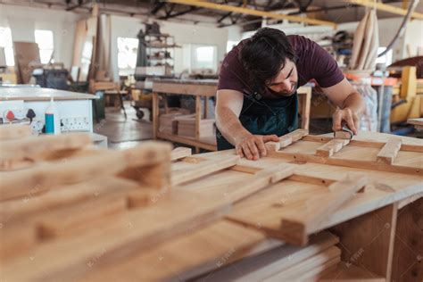 熟练的年轻木匠与胡子手打磨木制家具设计的部分, 而在他的大型木工店工作高清摄影大图-千库网