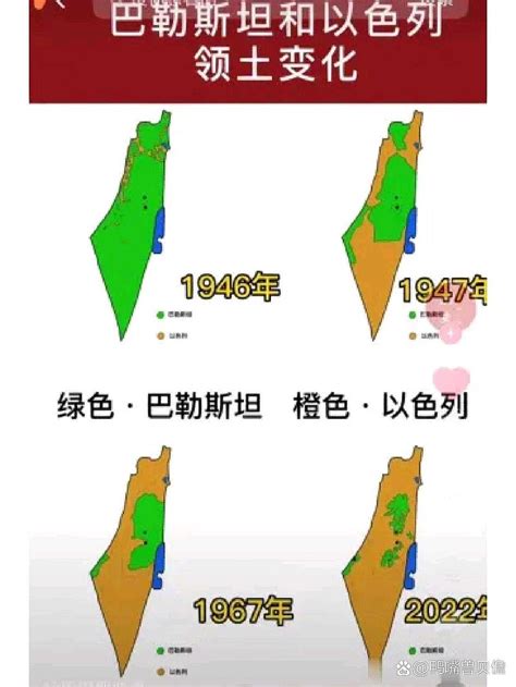 【巴以冲突两国疆域对比】巴勒斯坦和以色列领土变化，四幅图分别是1946、1947、1967、2022两国领土面积图，绿色... - 雪球