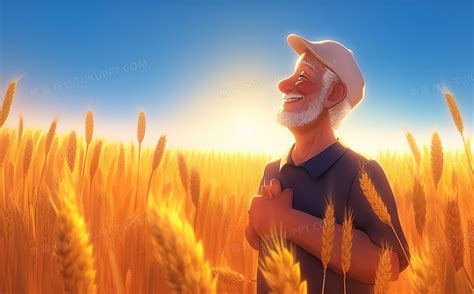 慈祥的农民伯伯在金色的麦田里笑得很开心插画图片素材下载_jpg格式_熊猫办公
