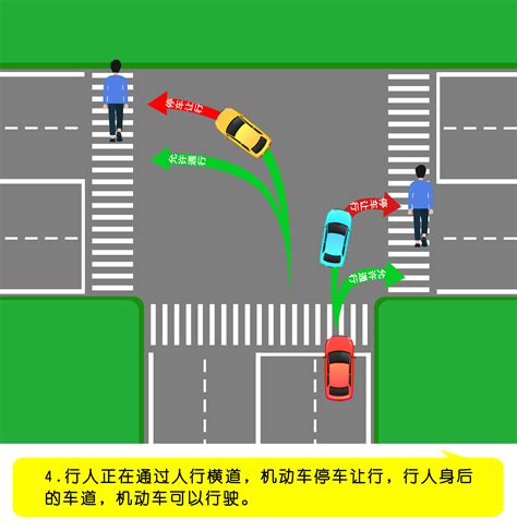 如图所示，驾驶机动车通过交叉路口时右转遇到人行横道有行人通过时，以下做法正确的是什么？A、保持较低车速通过B、停车让行，等行人通过后再通过C ...