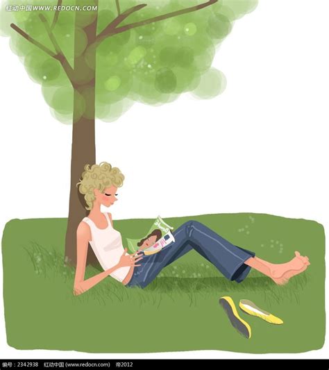 坐在树下看书的女孩子韩国插画PSD素材免费下载_红动中国