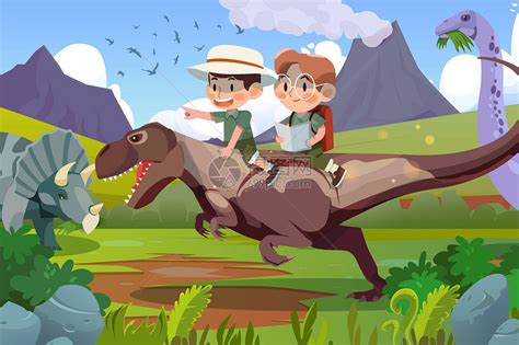 六一儿童节小朋友穿越在恐龙时代冒险探险插画图片下载-正版图片402165648-摄图网